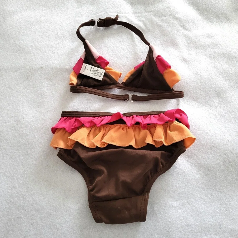 Baby Gap Swimsuit 6-12 Months Girls Bikini‎ Brown Pink Orange 2 pc Set Ruffle